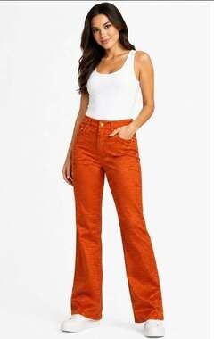 PLATINI JEANS COUGAR  ALL OVER LOGO Print Satin Flare Pants Sz 26 Nwt Orange T60